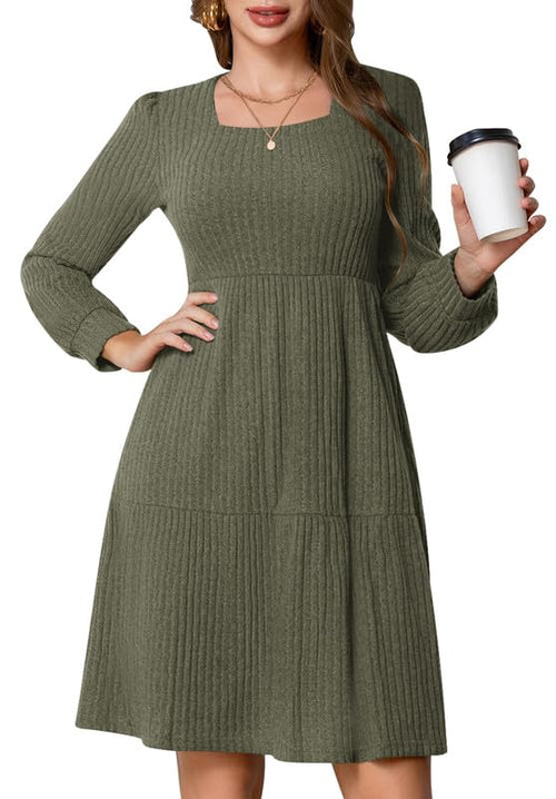 MarryUP Womens Fall Dress for Women 2024 with Pockets Square Neck Long Sleeve Empire Waist Dress Casual Mini Knit Sweater Dress Green S