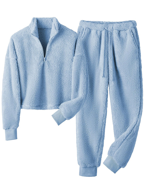 Lianlive Fleece Pajamas Women Warm Winter Fluffy Teddy Lounge Sets for Women Fuzzy Plush Sleepwear 2 Piece PJ Sets (Blue-M)