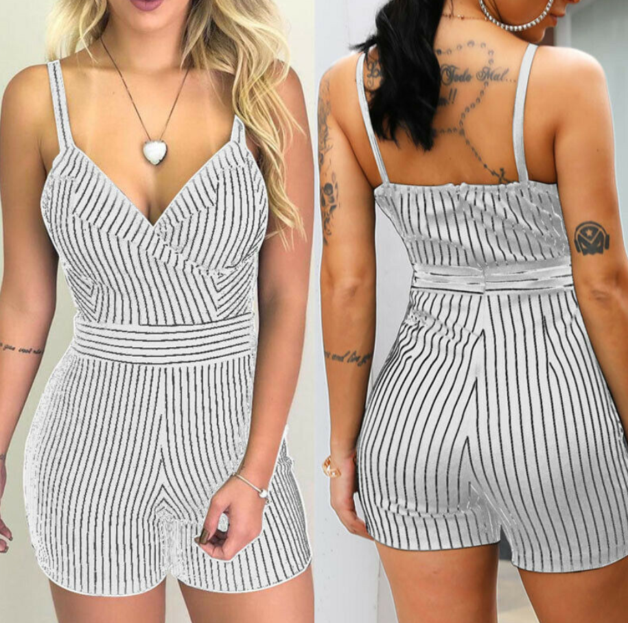 Striped V-Neck Slim Fit Romper Shorts
